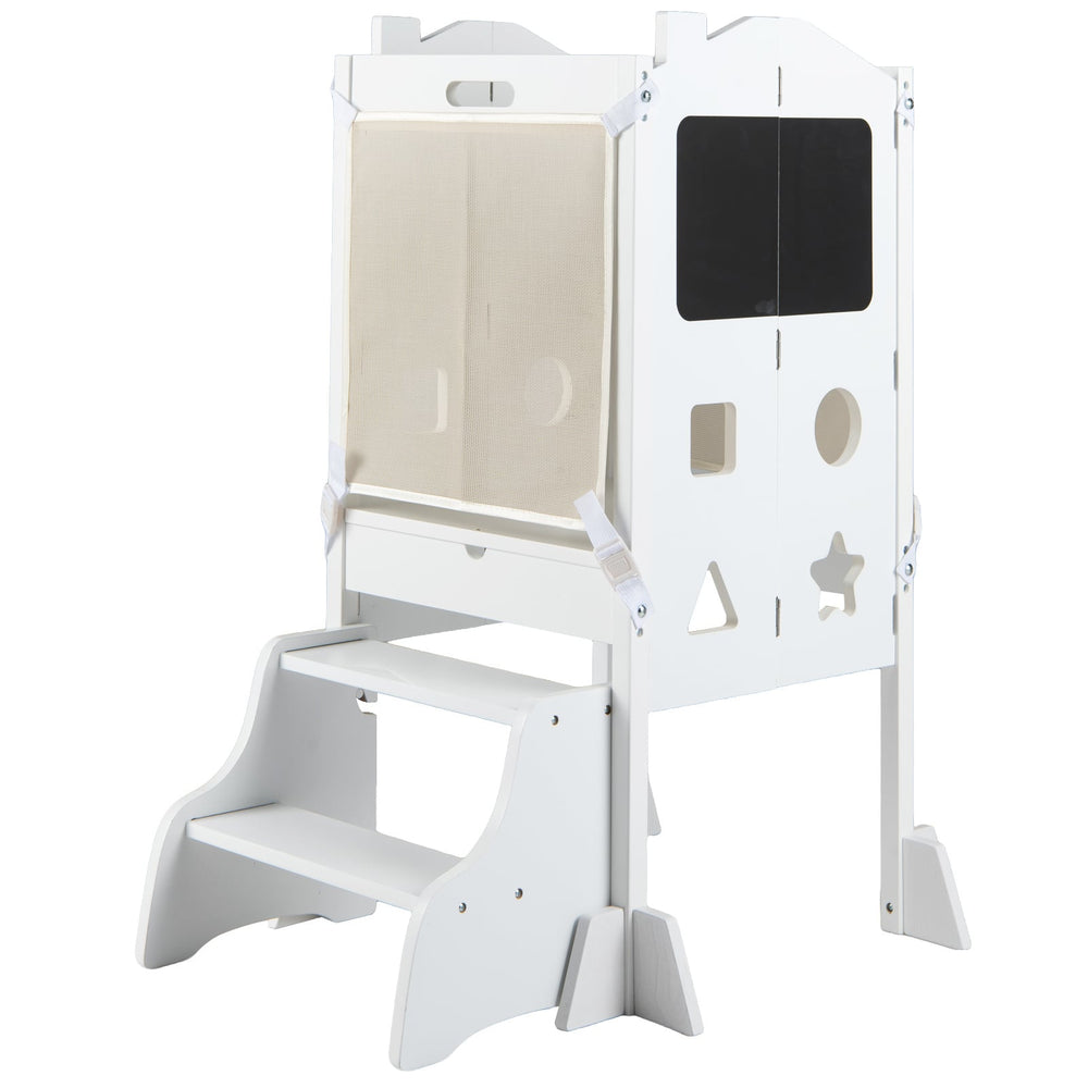 Foldable Toddler Step Stool with Chalkboards and 2-Step Stool for Boys and Girls Aged 2+-White