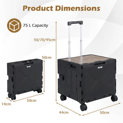 Foldable Utility Cart on 4 Rotate Wheels with Cup Holder-Black