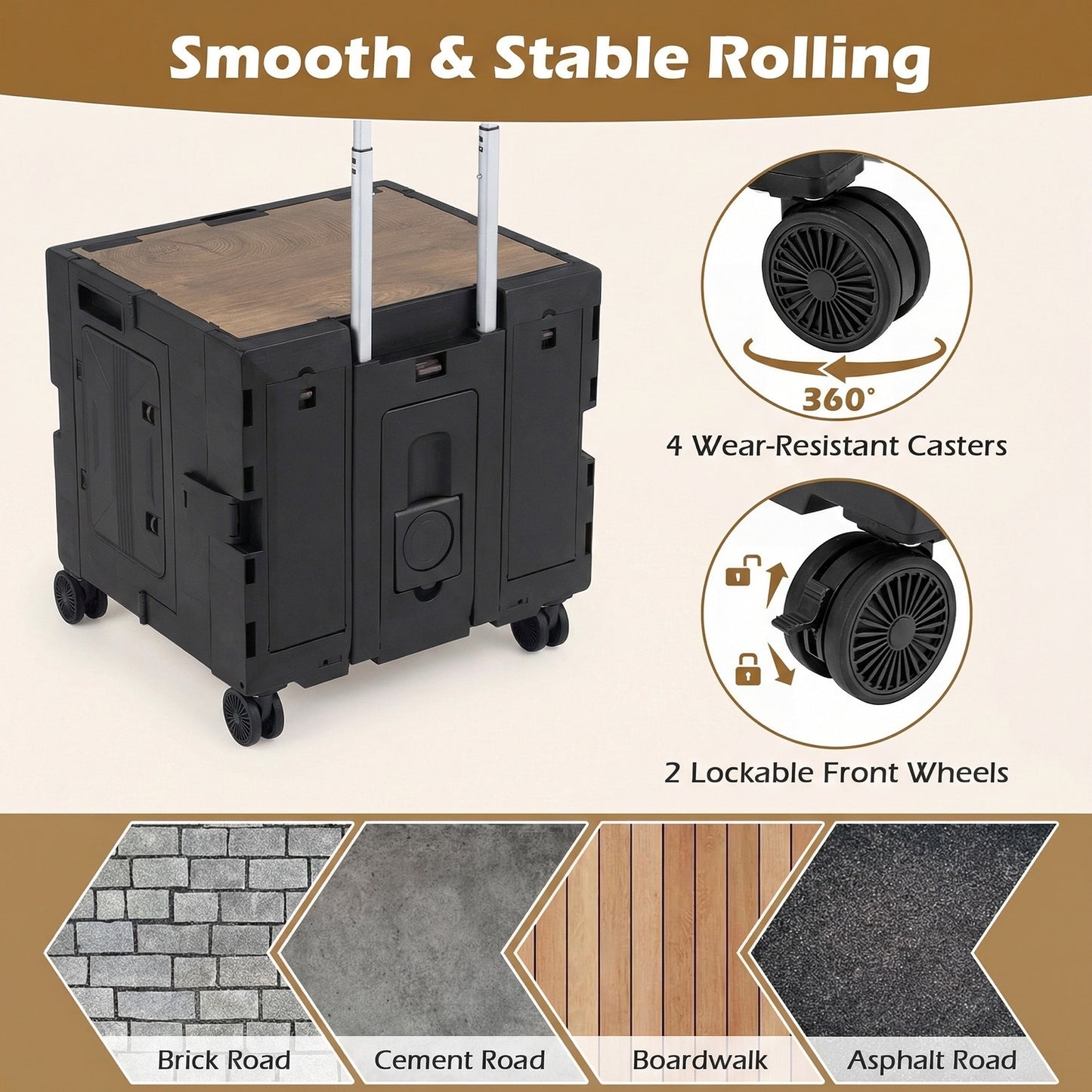 Foldable Utility Cart on 4 Rotate Wheels with Cup Holder-Black