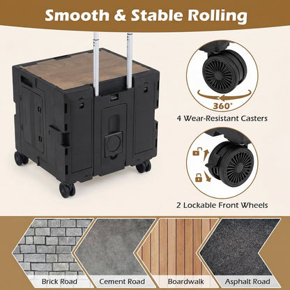 Foldable Utility Cart on 4 Rotate Wheels with Cup Holder-Black