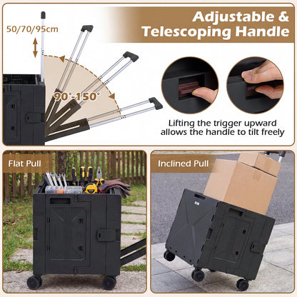 Foldable Utility Cart on 4 Rotate Wheels with Cup Holder-Black