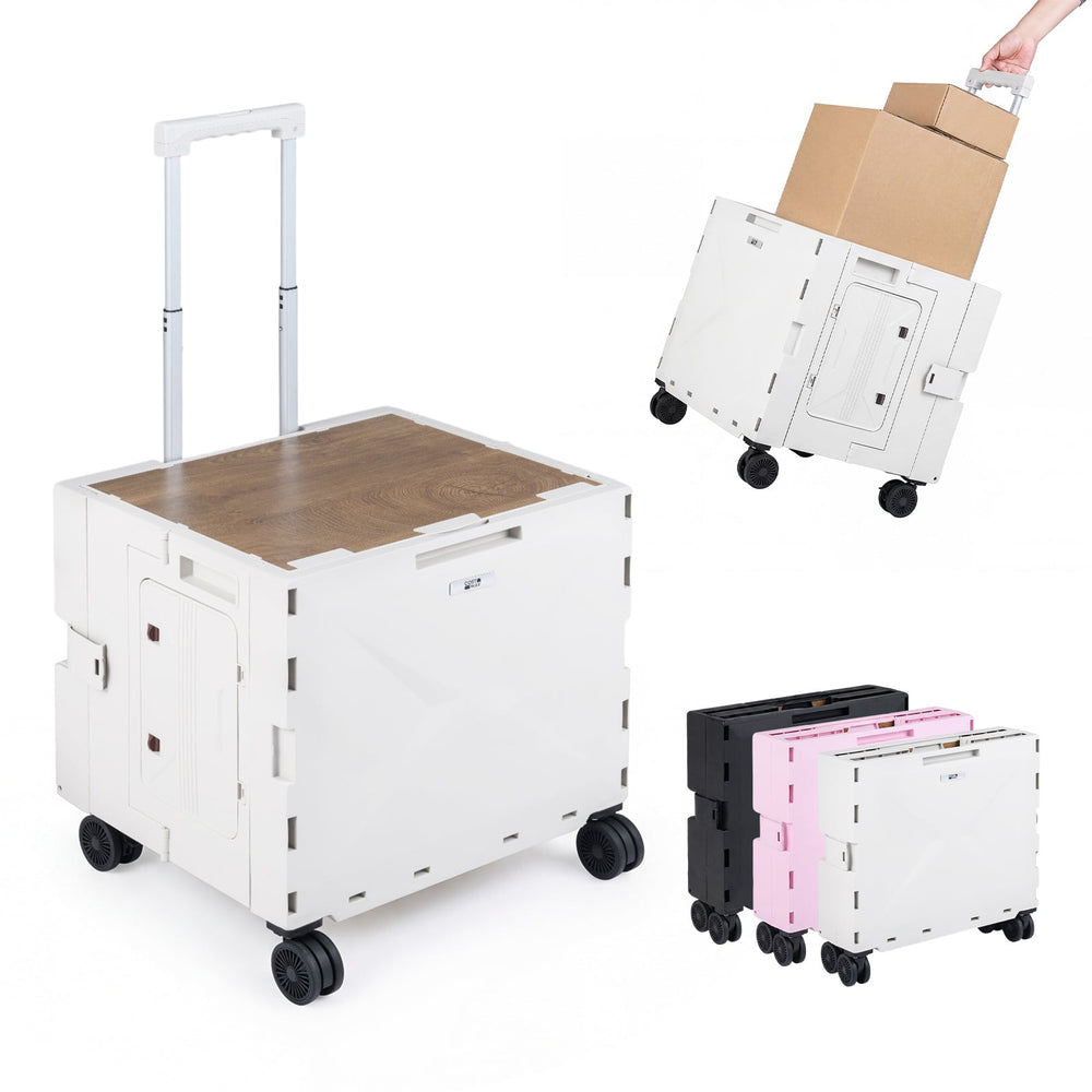 Foldable Utility Cart on 4 Rotate Wheels with Cup Holder-White