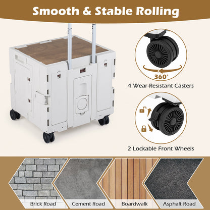 Foldable Utility Cart on 4 Rotate Wheels with Cup Holder-White