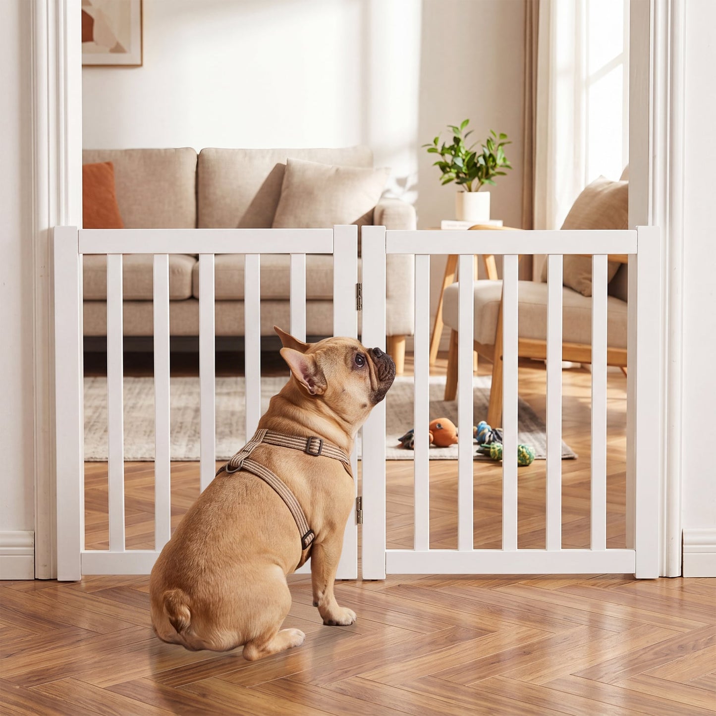 Foldable Wooden Freestanding Pet Gate for House snd Stairs-White