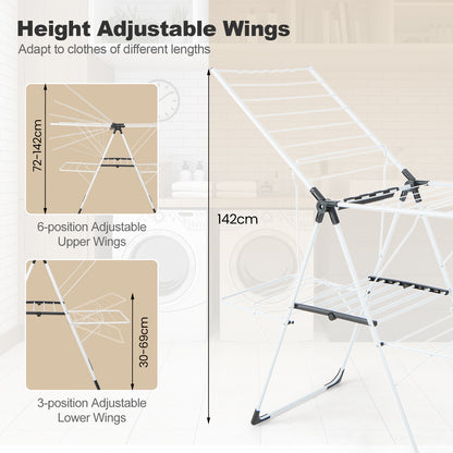 Foldable 2-level Laundry Drying Rack with Adjustable Wings and Clips