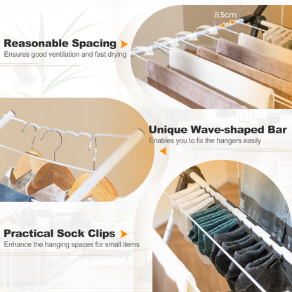 Foldable 2-level Laundry Drying Rack with Adjustable Wings and Clips