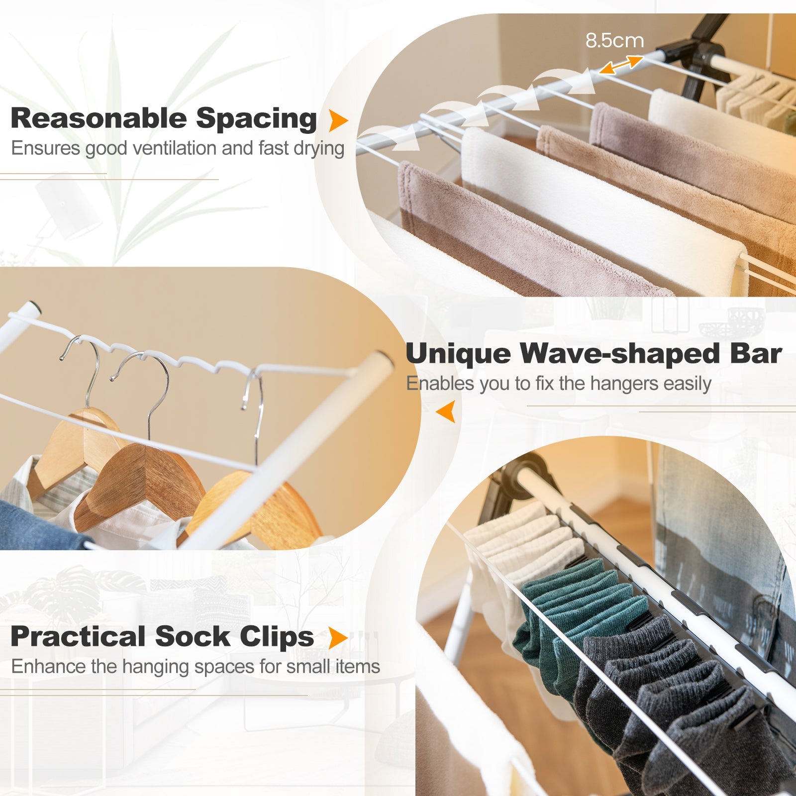 Foldable 2-level Laundry Drying Rack with Adjustable Wings and Clips