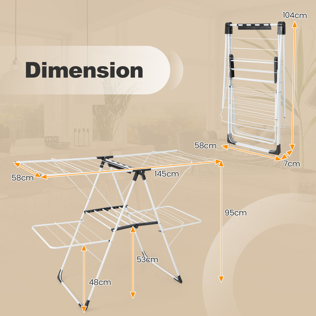 Foldable 2-level Laundry Drying Rack with Adjustable Wings and Clips