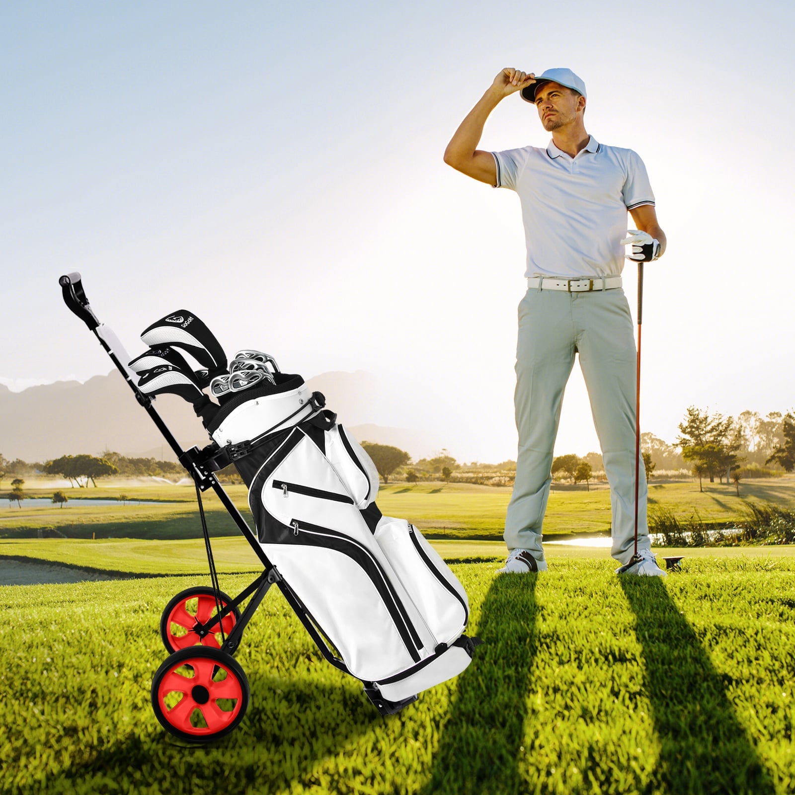 Foldable 2 Wheels Foldable Golf Cart with Scoreboard-Red