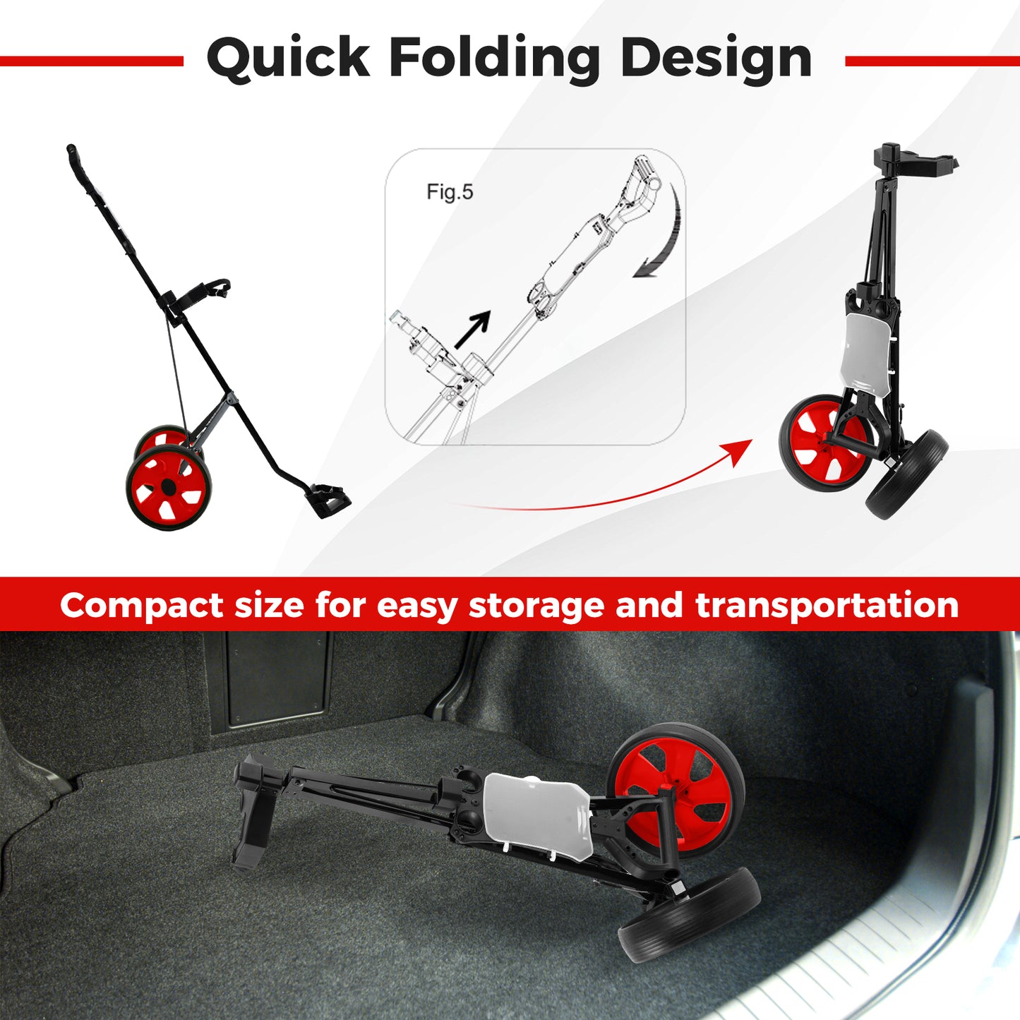 Foldable 2 Wheels Foldable Golf Cart with Scoreboard-Red