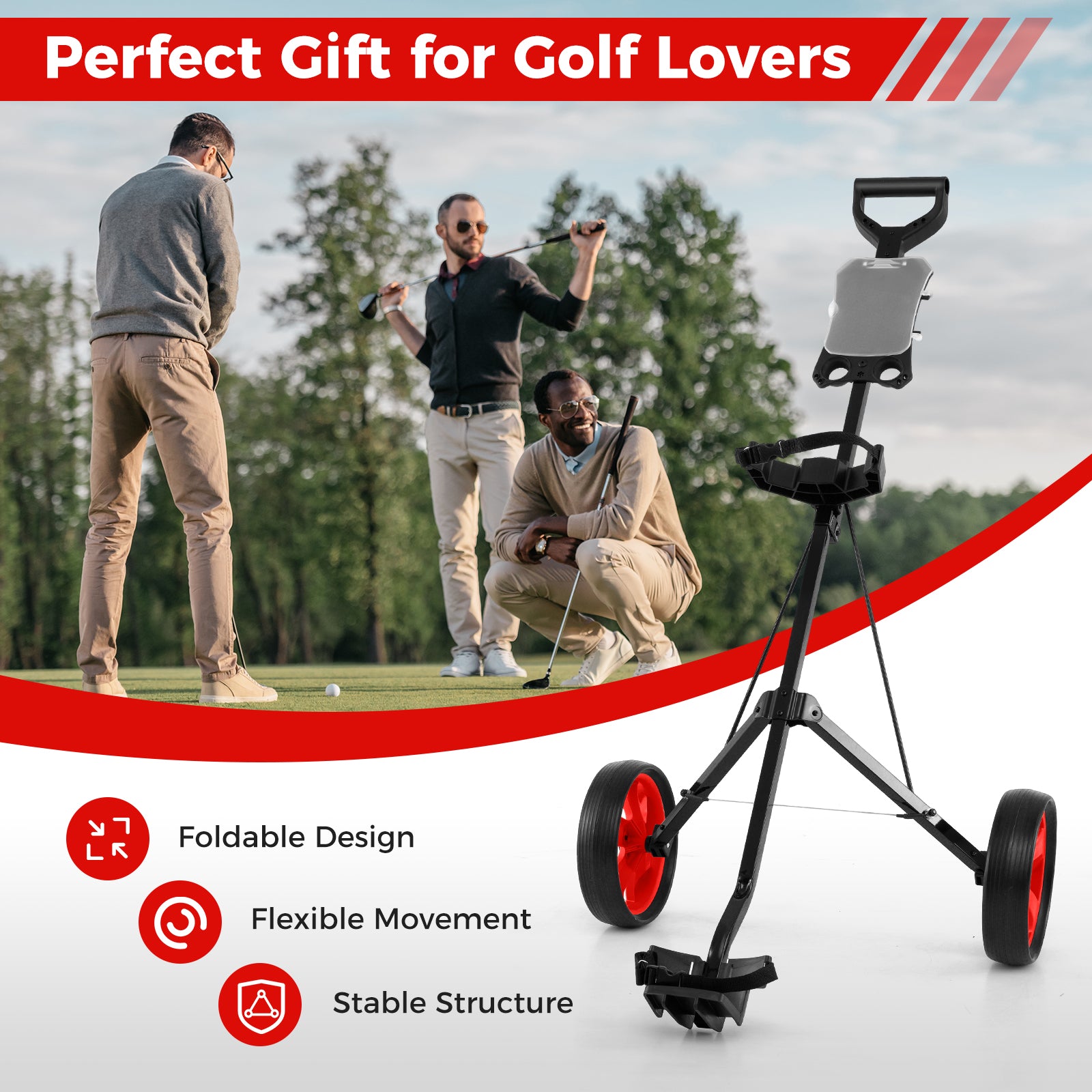Foldable 2 Wheels Foldable Golf Cart with Scoreboard-Red