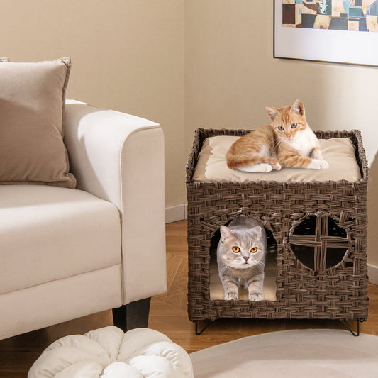 Foldable 2-tier Rattan Cat House Wicker Kitten Condo Indoor Pet Furniture Side Table-Brown