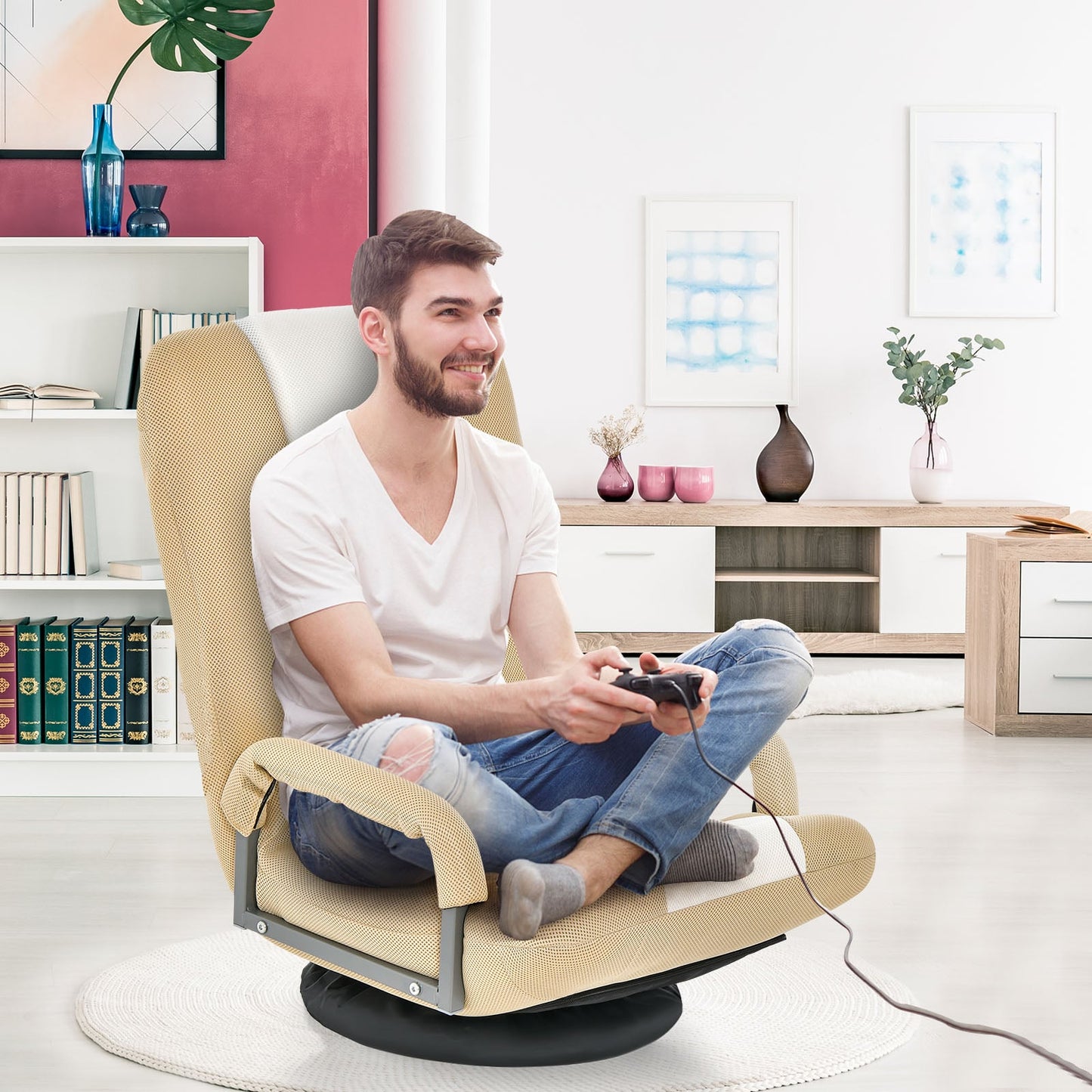 Foldable 360-Degree Swivel Gaming Floor Chair with Adjustable Backrest-Coffee