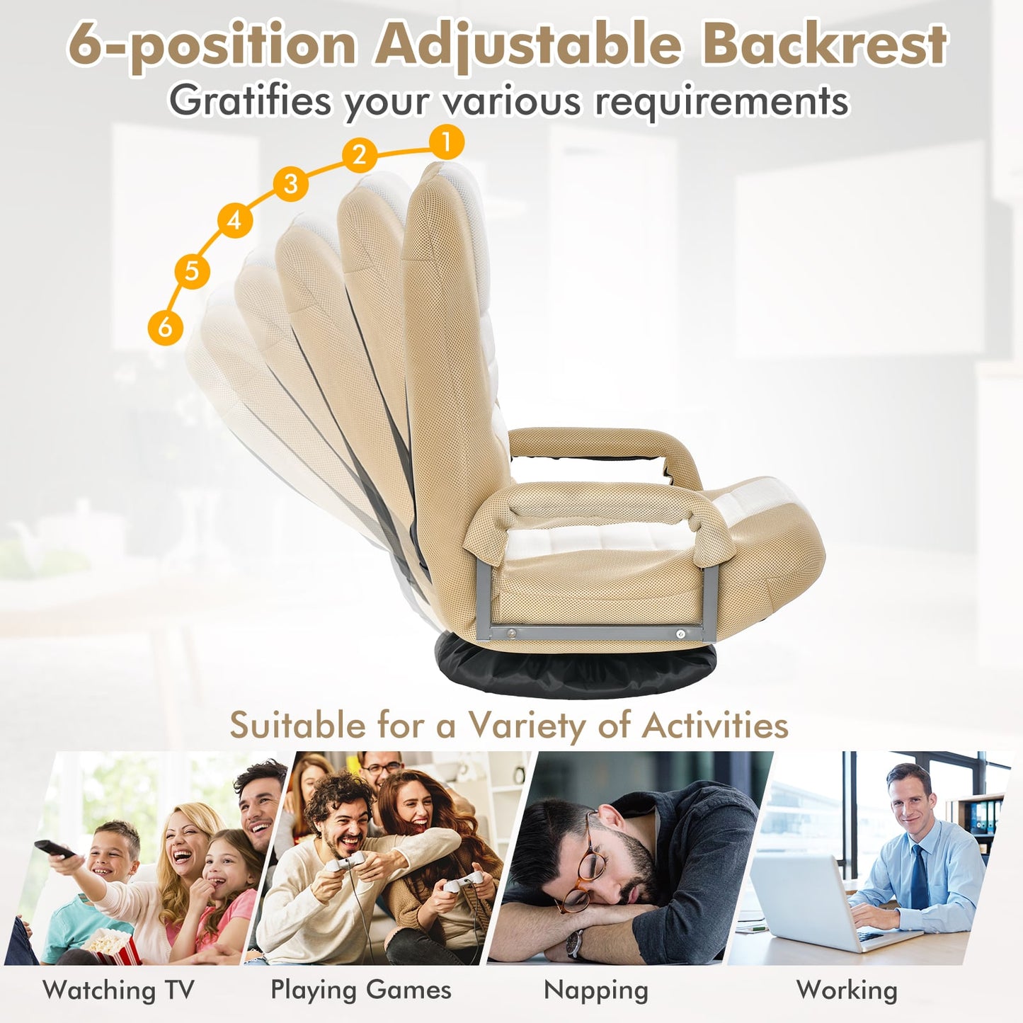Foldable 360-Degree Swivel Gaming Floor Chair with Adjustable Backrest-Coffee
