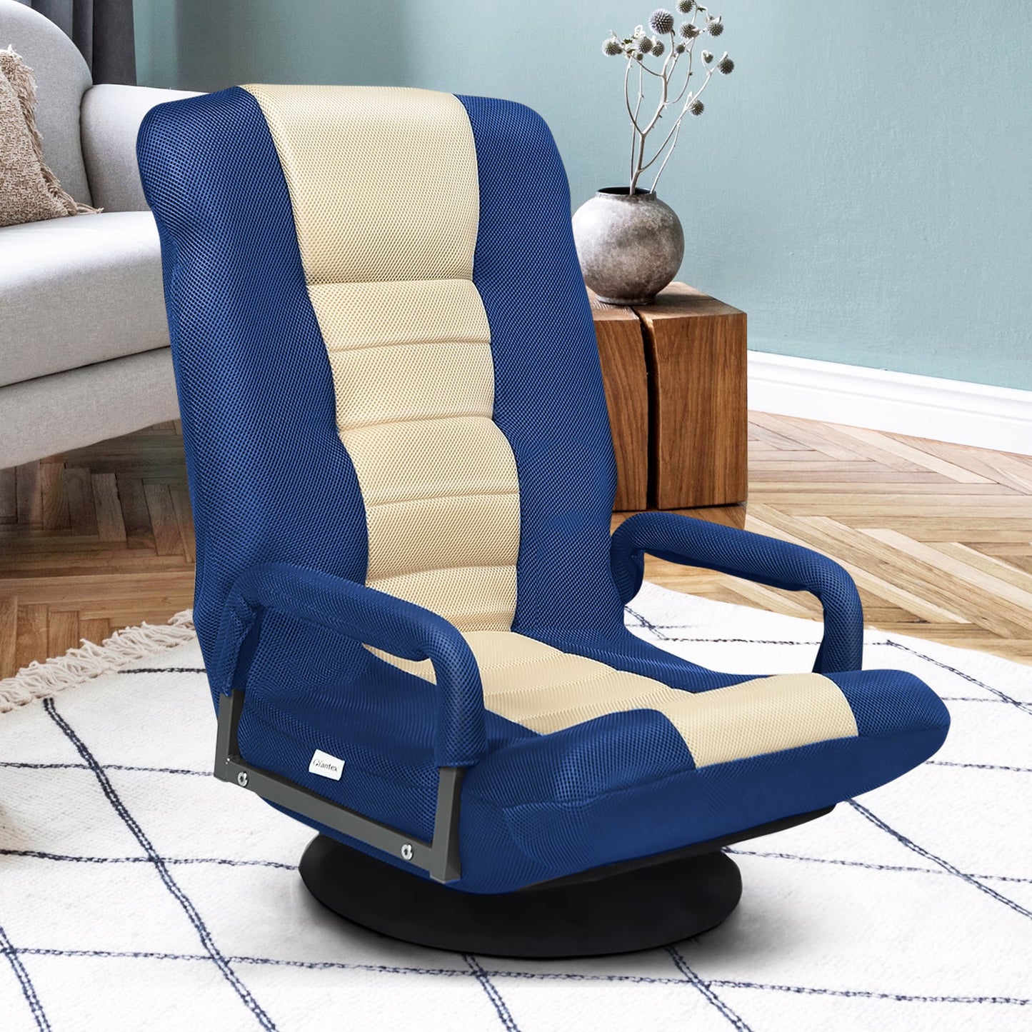 Foldable 360-Degree Swivel Gaming Floor Chair with Adjustable Backrest-Navy
