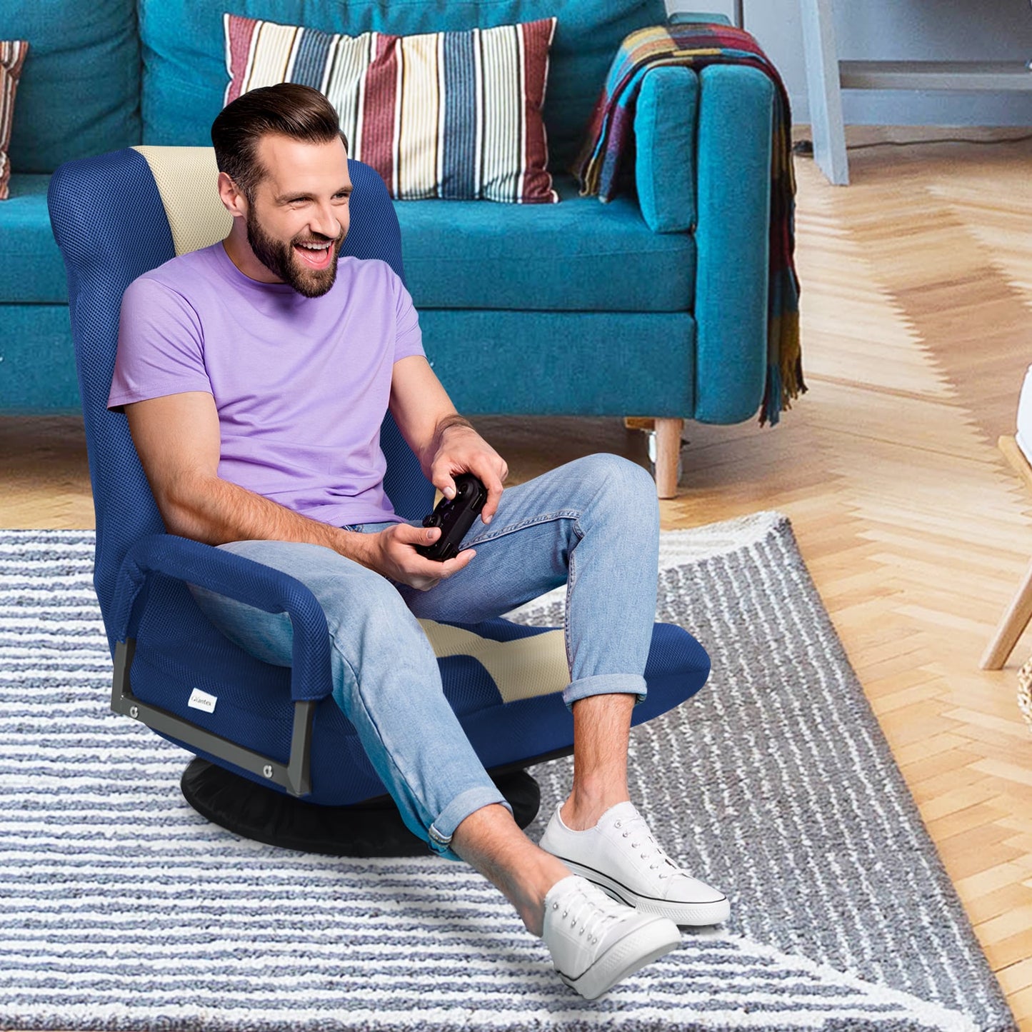 Foldable 360-Degree Swivel Gaming Floor Chair with Adjustable Backrest-Navy