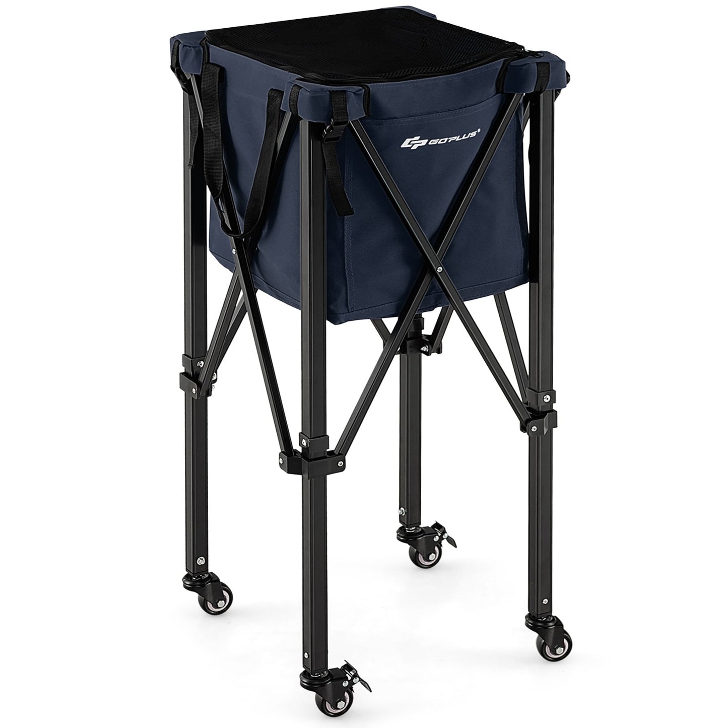 Foldable Aluminum Tennis Ball Cart Hopper Basket with Wheels-Blue