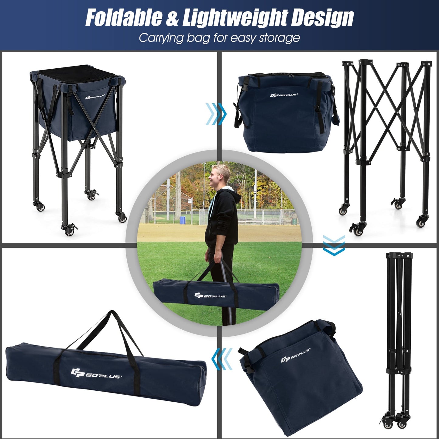 Foldable Aluminum Tennis Ball Cart Hopper Basket with Wheels-Blue