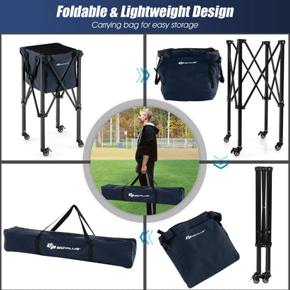 Foldable Aluminum Tennis Ball Cart Hopper Basket with Wheels-Blue