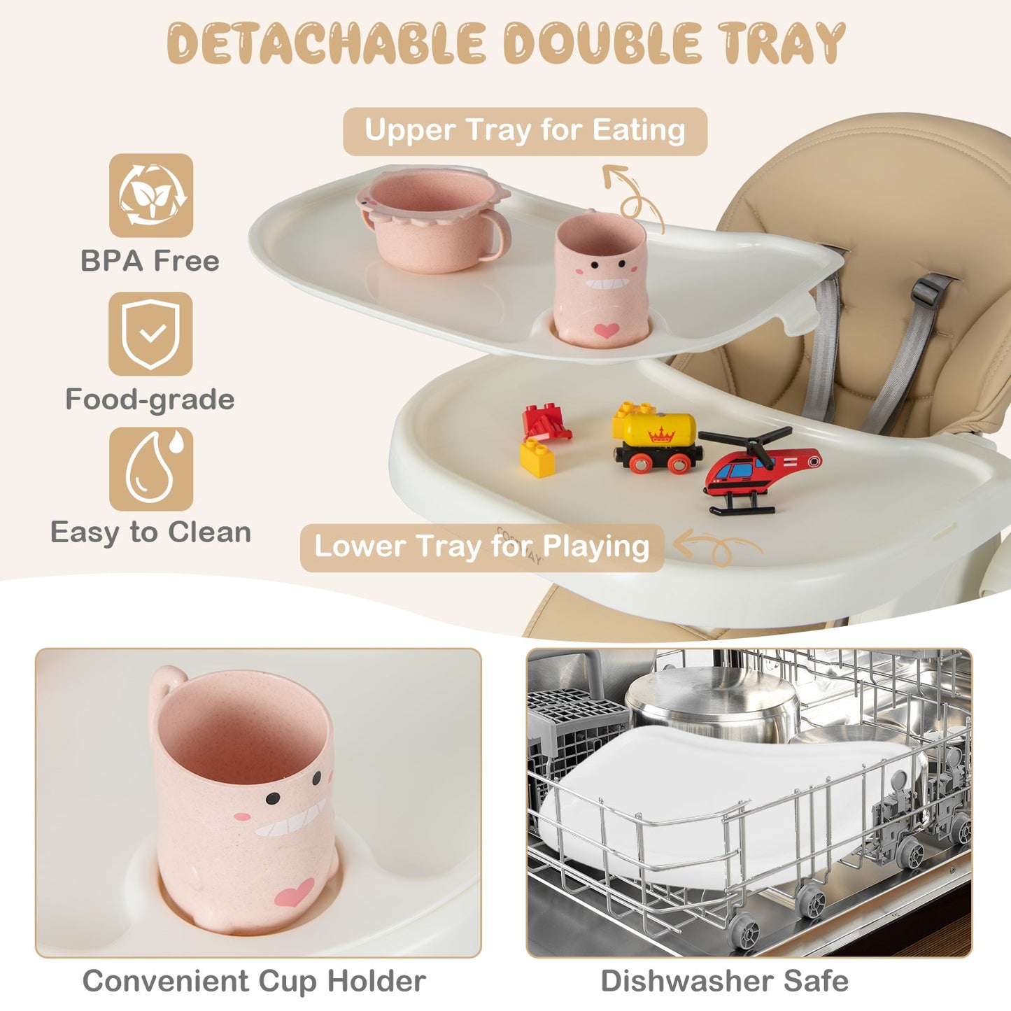 4-in-1 Foldable Baby High Chair with 7 Adjustable Heights and 4 Reclining Angles-Yellow