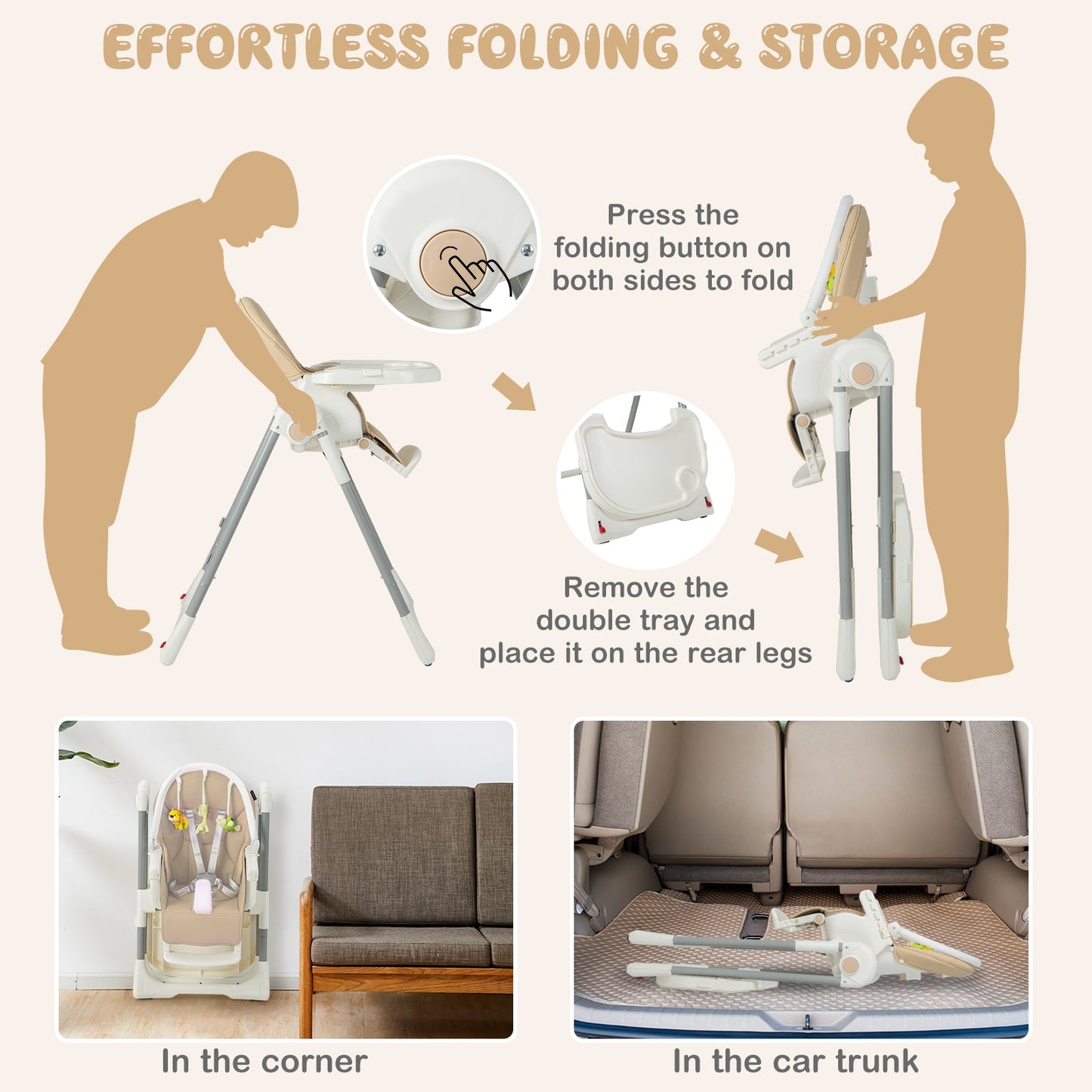 4-in-1 Foldable Baby High Chair with 7 Adjustable Heights and 4 Reclining Angles-Yellow