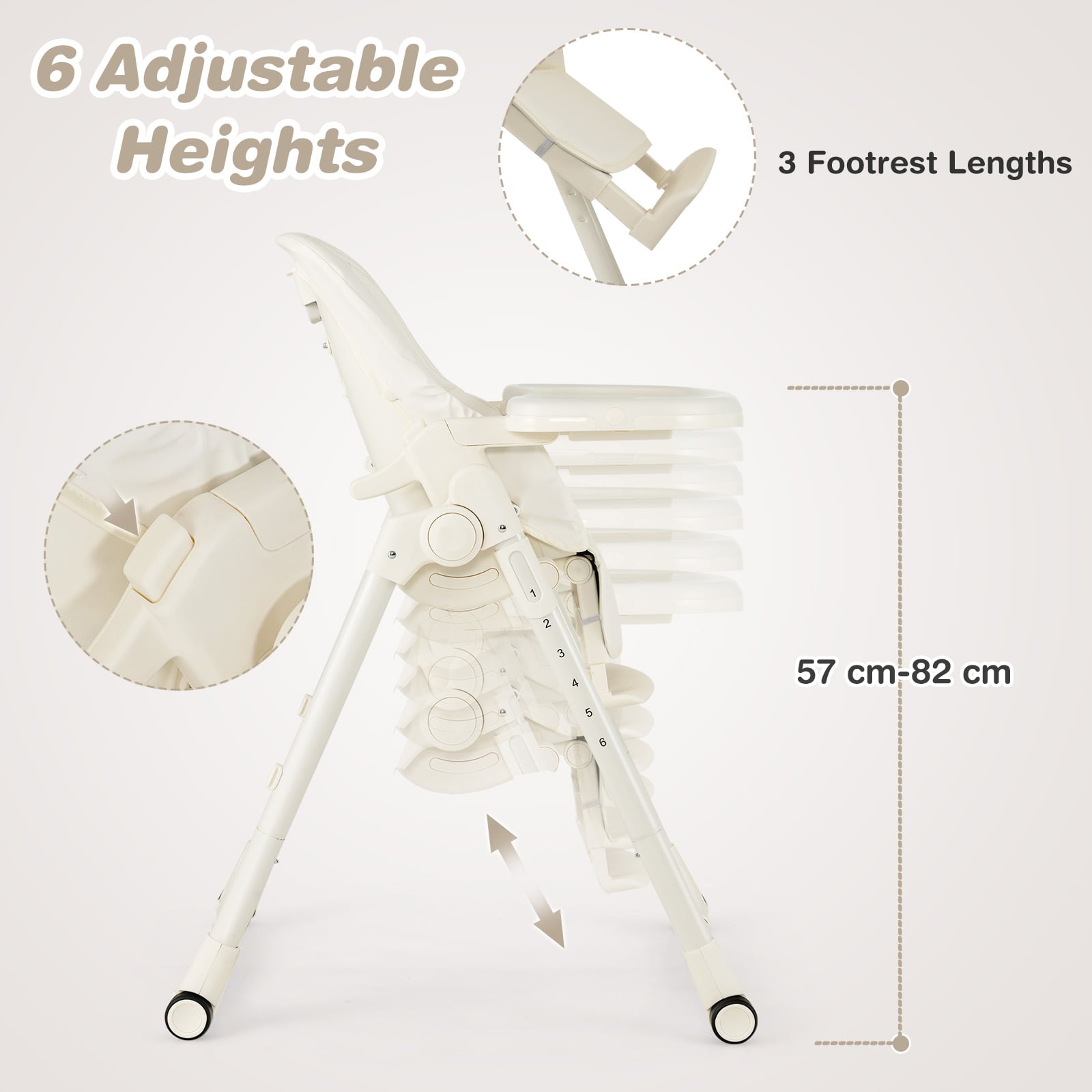 4-in-1 Foldable Baby High Chair with 6 Adjustable Heights and 5-Position Backrest-Beige