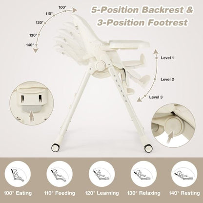 4-in-1 Foldable Baby High Chair with 6 Adjustable Heights and 5-Position Backrest-Beige