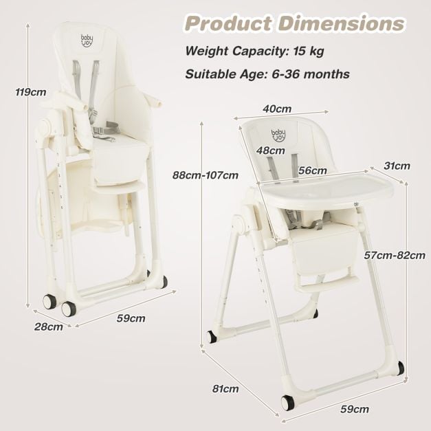 4-in-1 Foldable Baby High Chair with 6 Adjustable Heights and 5-Position Backrest-Beige