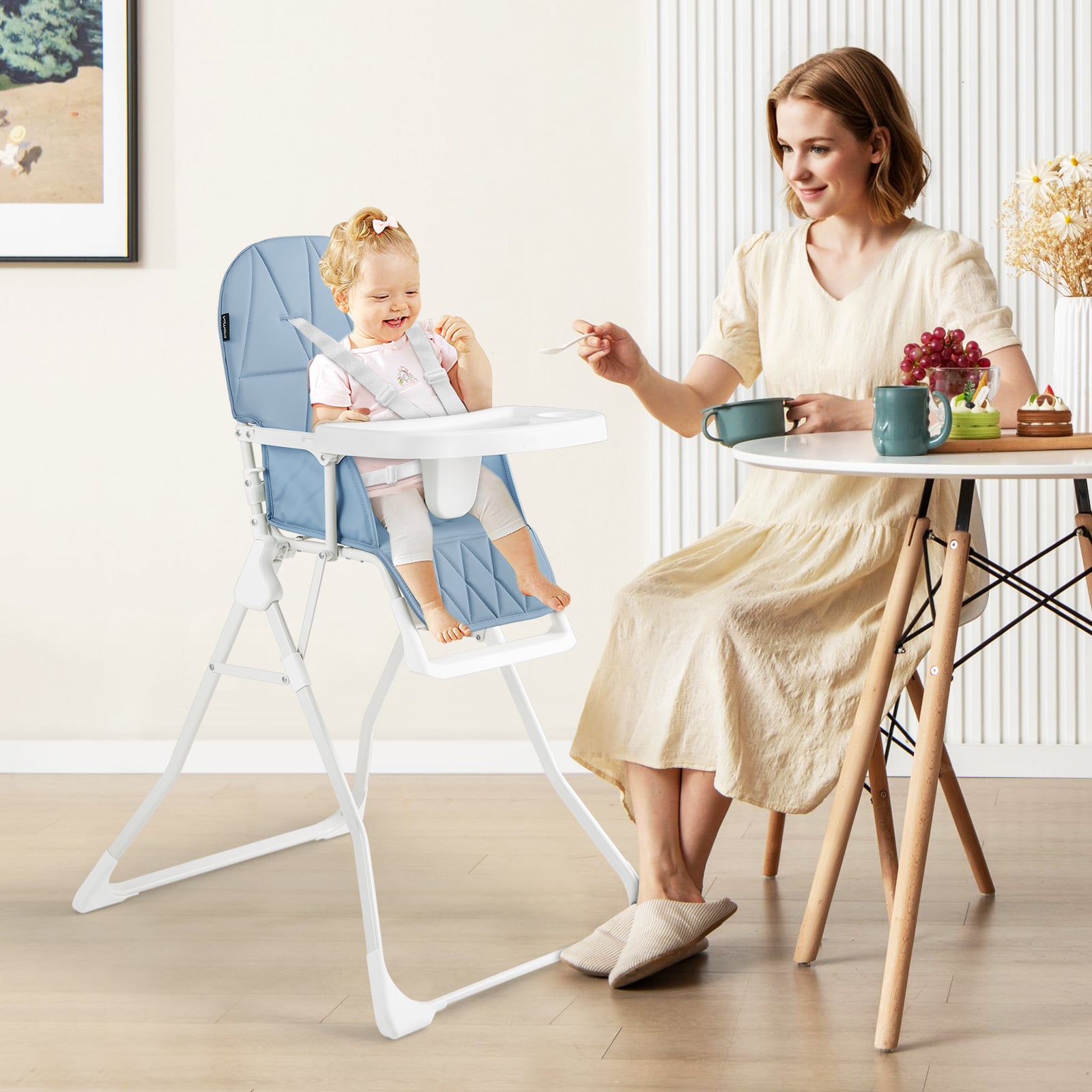 Foldable Baby High Chair with Removable Adjustable Tray-Navy