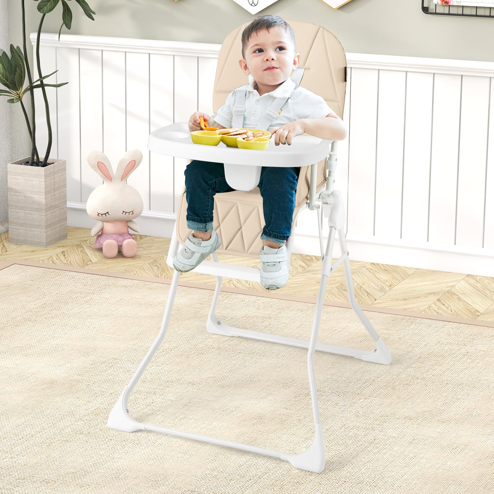 Foldable Baby High Chair with Removable Adjustable Tray-Beige
