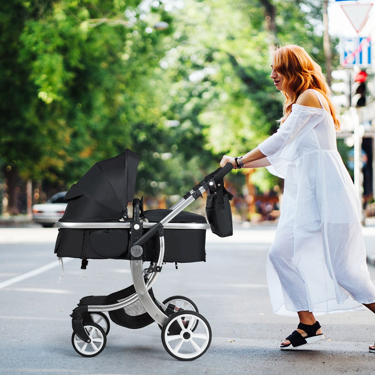 2 in 1 Foldable Baby Stroller with Rain Cover and Mosquito Net-Black