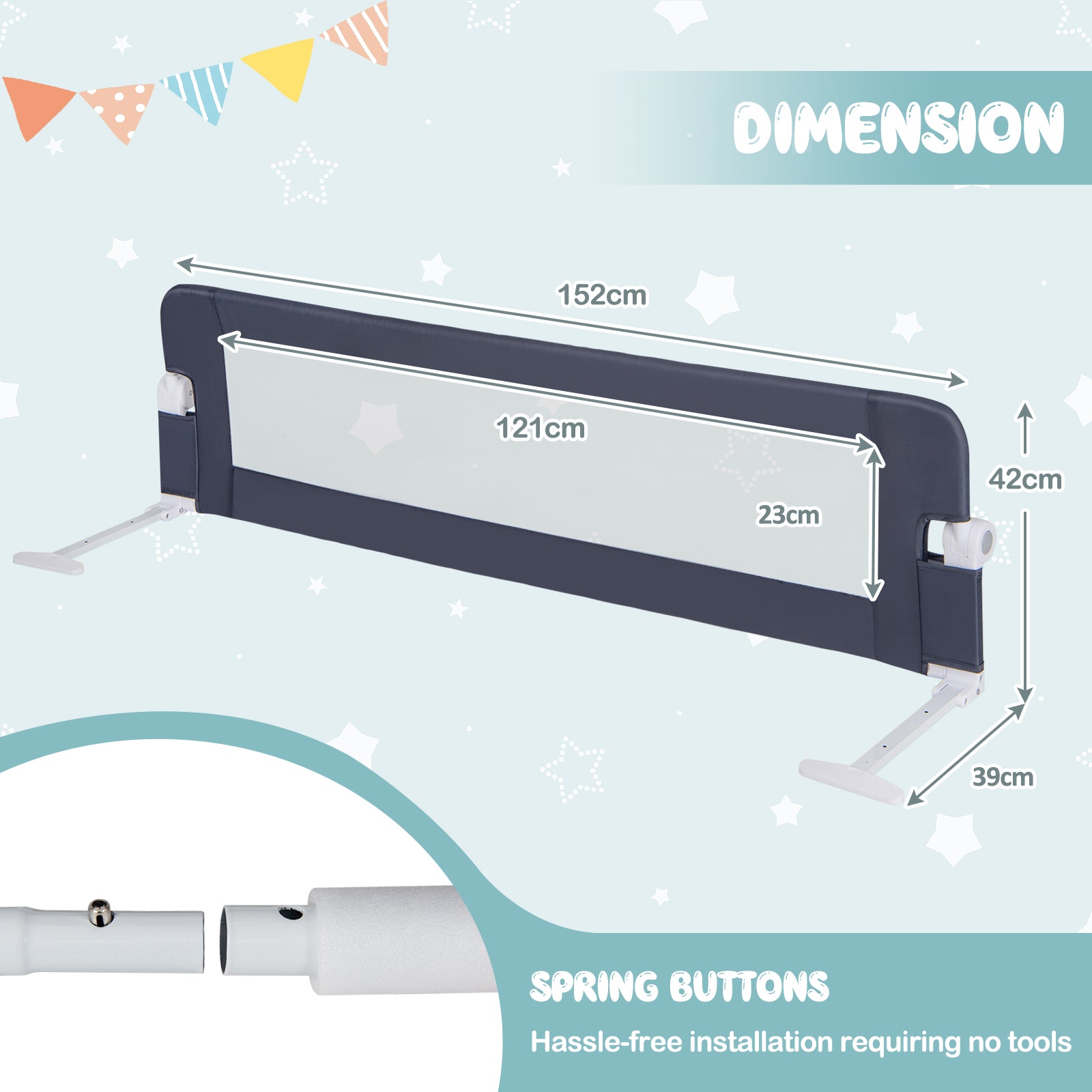 Foldable Bed Rail for Toddlers with Adjustable Safety Strap-Grey