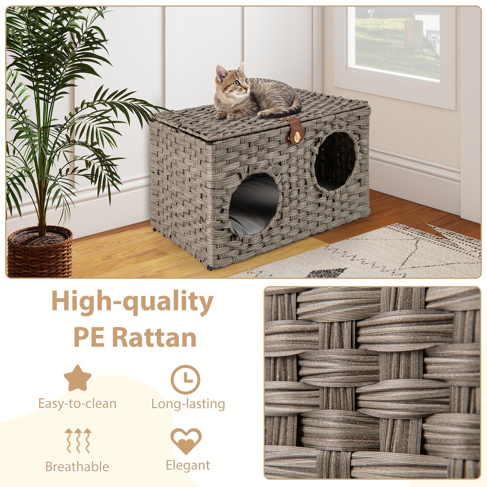 Foldable Cat Bed for Indoor Cats 60 cm x 35 cm x 35 cm Large Rattan Kitten Condo House-Grey