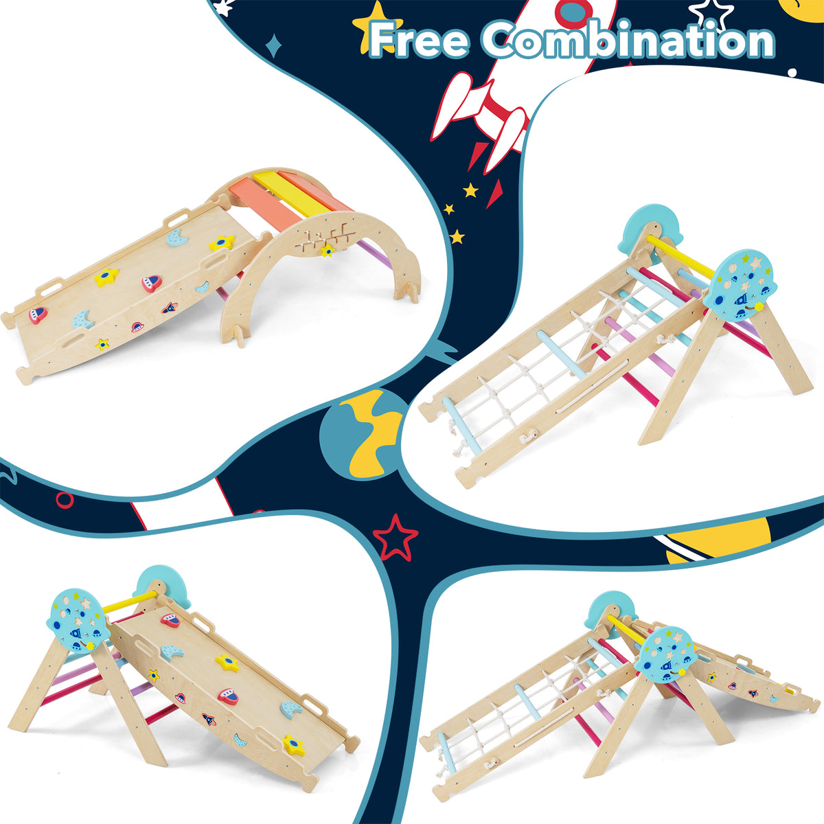 8-in-1 Foldable Climbing Toys with Ramp and Climbing Rope for Toddlers-Colourful