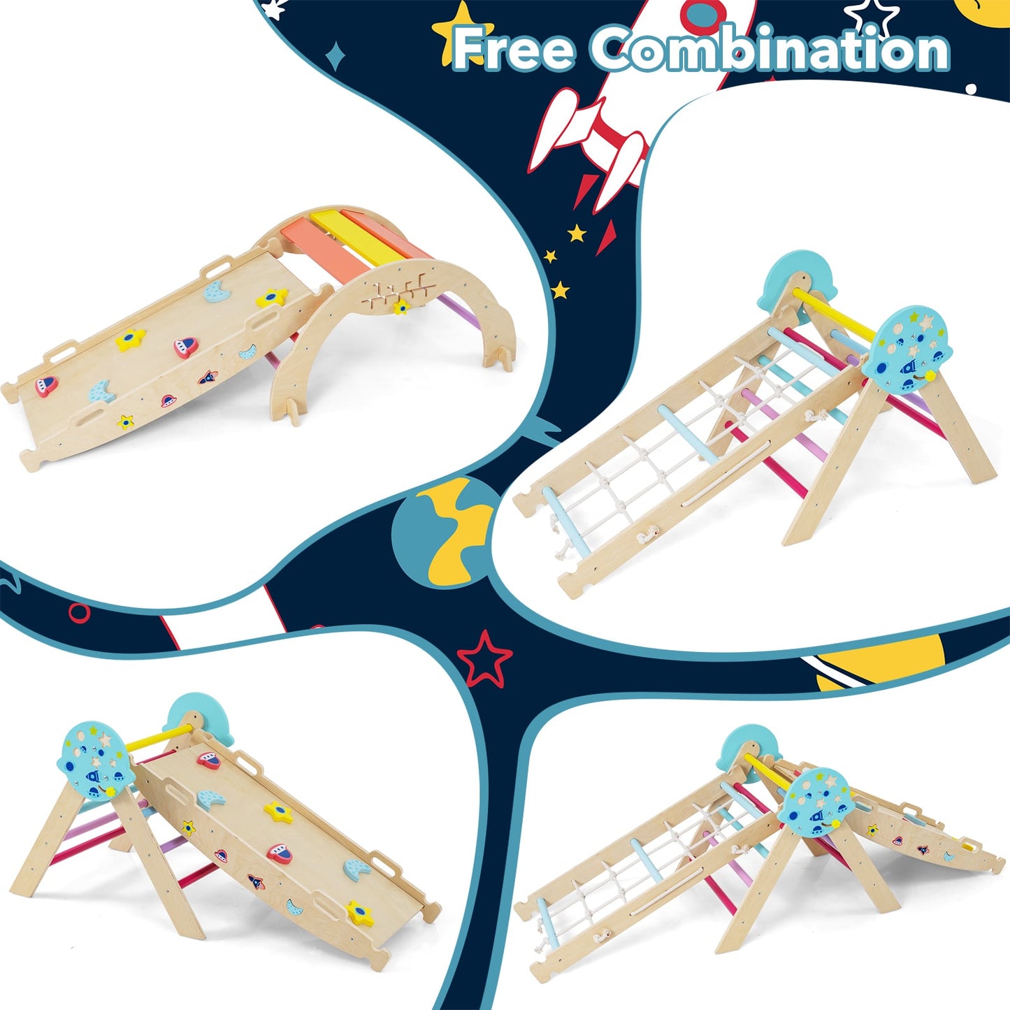 8-in-1 Foldable Climbing Toys with Ramp and Climbing Rope for Toddlers-Colourful