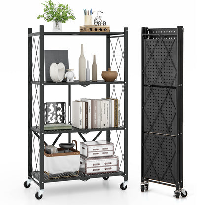 4-Tier Metal Foldable Collapsible Storage Rack with Lockable Wheels-Black