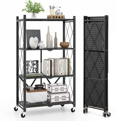 4-Tier Metal Foldable Collapsible Storage Rack with Lockable Wheels-Black