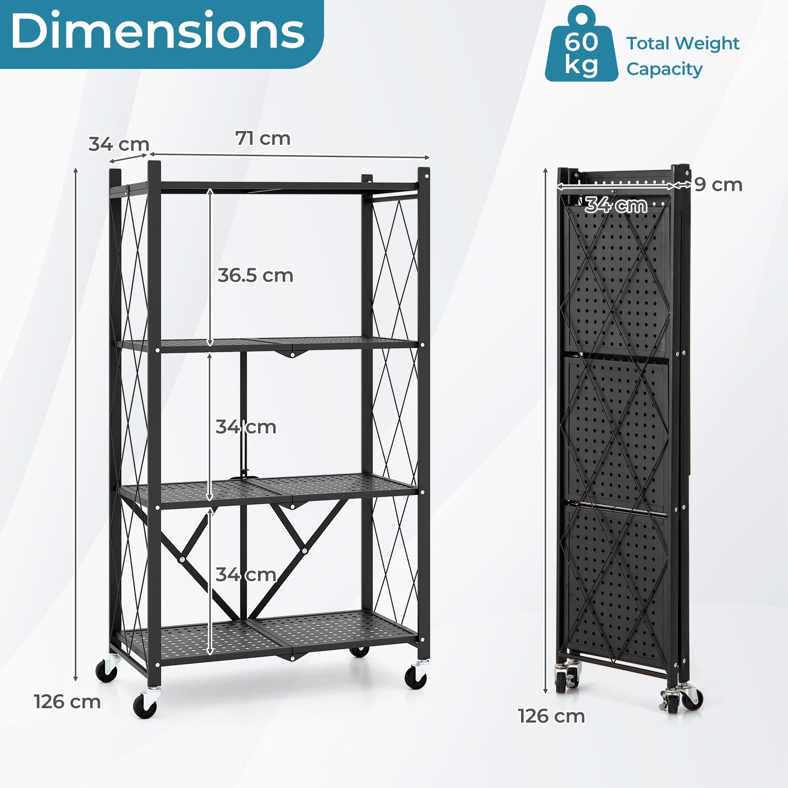 4-Tier Metal Foldable Collapsible Storage Rack with Lockable Wheels-Black