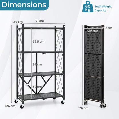 4-Tier Metal Foldable Collapsible Storage Rack with Lockable Wheels-Black