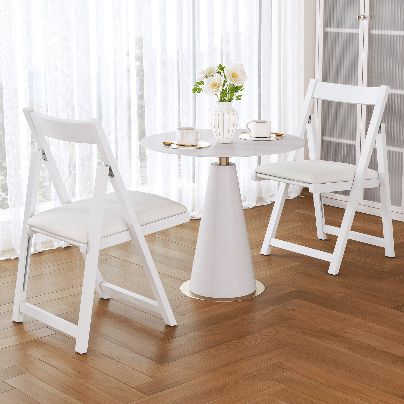 Foldable Dining Chair Set of 2 with Padded Seat and Curved Backrest-White