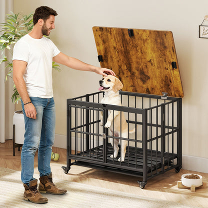 Foldable Dog Crate Furniture with Removable Tray Heavy-duty Chew-resistant Dog Kennel-M