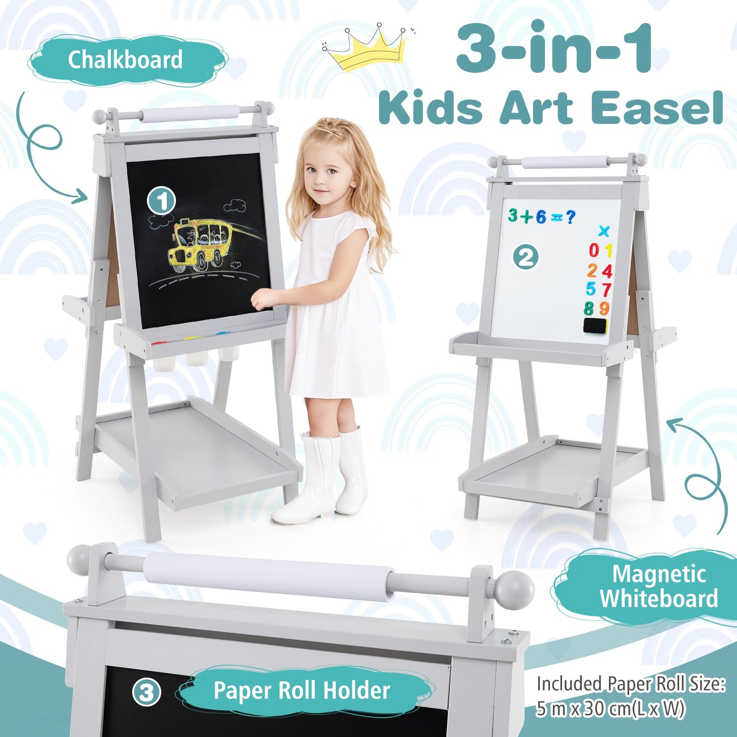 3-in-1 Double-sided Art Easel Foldable Easel for Kids-Grey