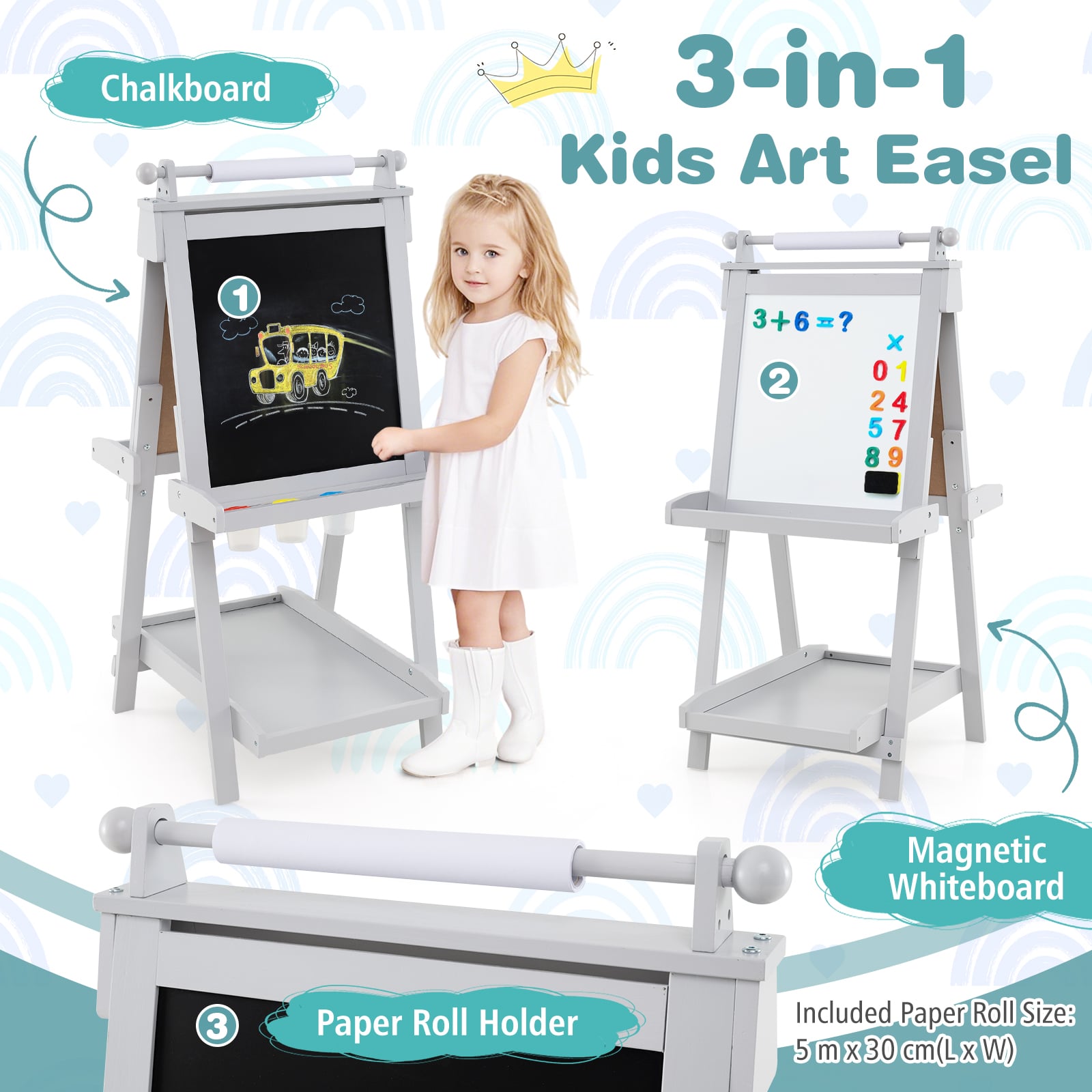 3-in-1 Double-sided Art Easel Foldable Easel for Kids-Grey