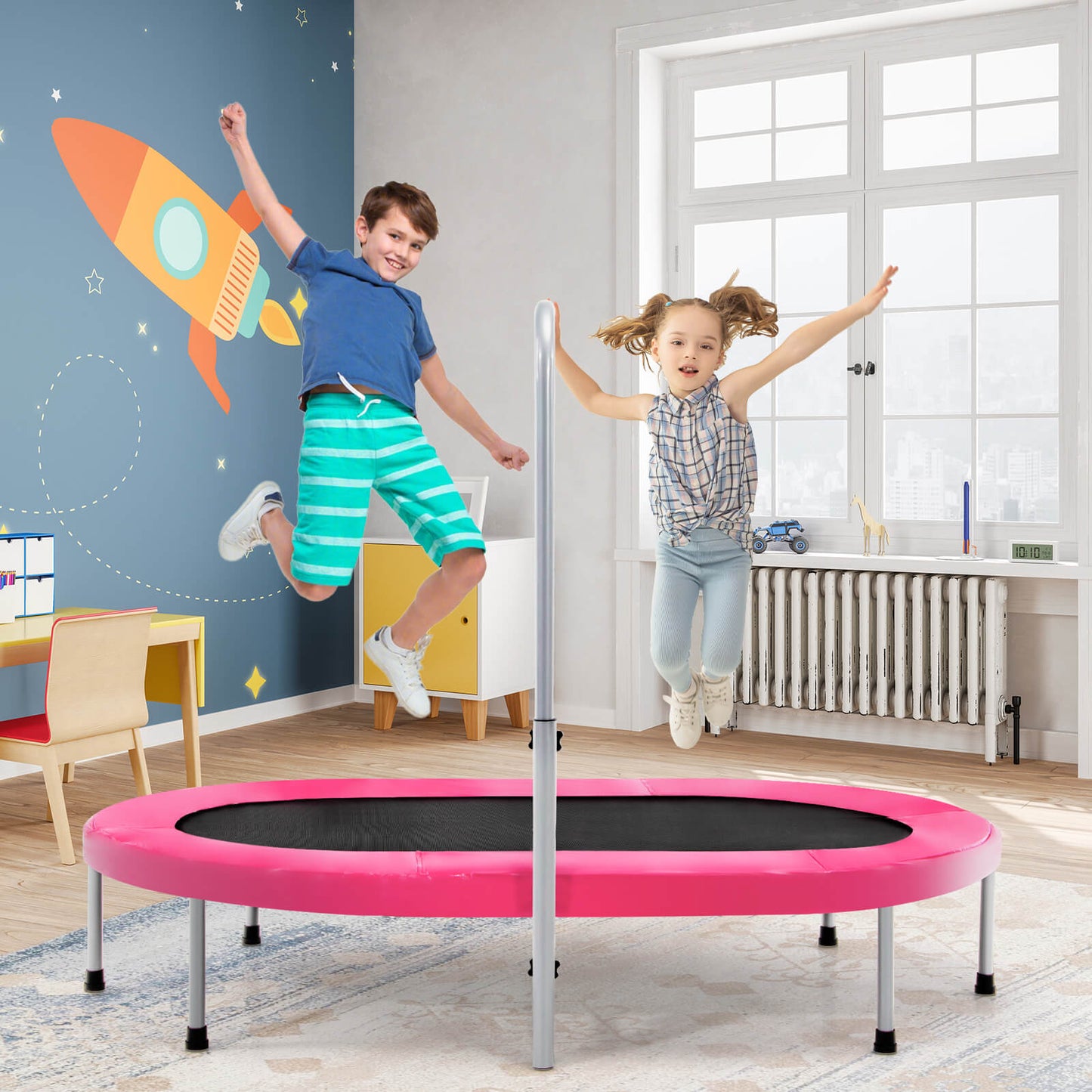 Double Foldable Fitness Trampoline with Adjustable Handrail-Pink
