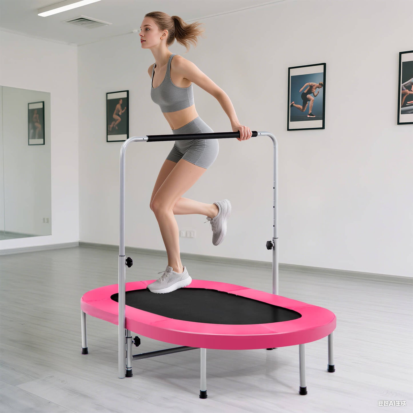 Double Foldable Fitness Trampoline with Adjustable Handrail-Pink