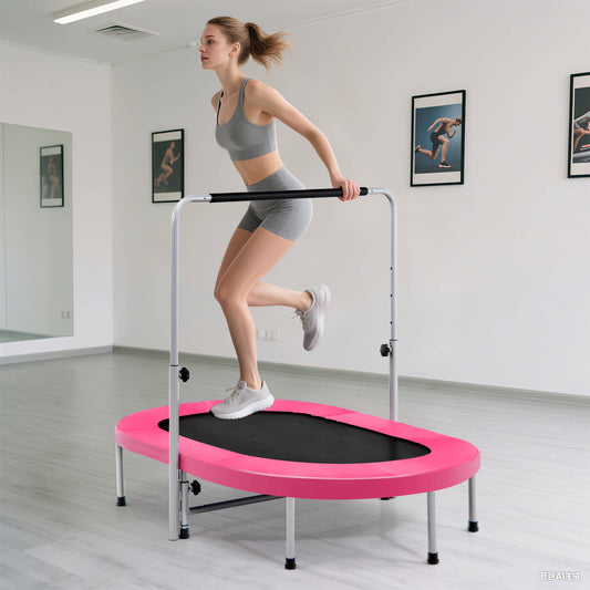 Double Foldable Fitness Trampoline with Adjustable Handrail-Pink
