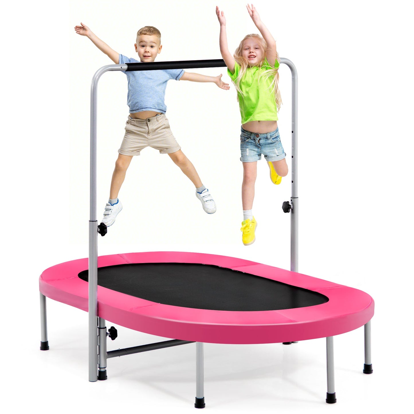 Double Foldable Fitness Trampoline with Adjustable Handrail-Pink