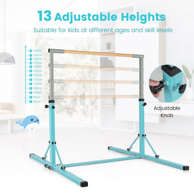 Kids Foldable Gymnastics Bar with 13 Adjustable Height-Green