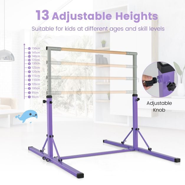 Kids Foldable Gymnastics Bar with 13 Adjustable Height-Purple