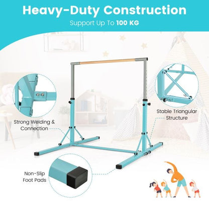 Kids Foldable Gymnastics Bar with 13 Adjustable Height-Green